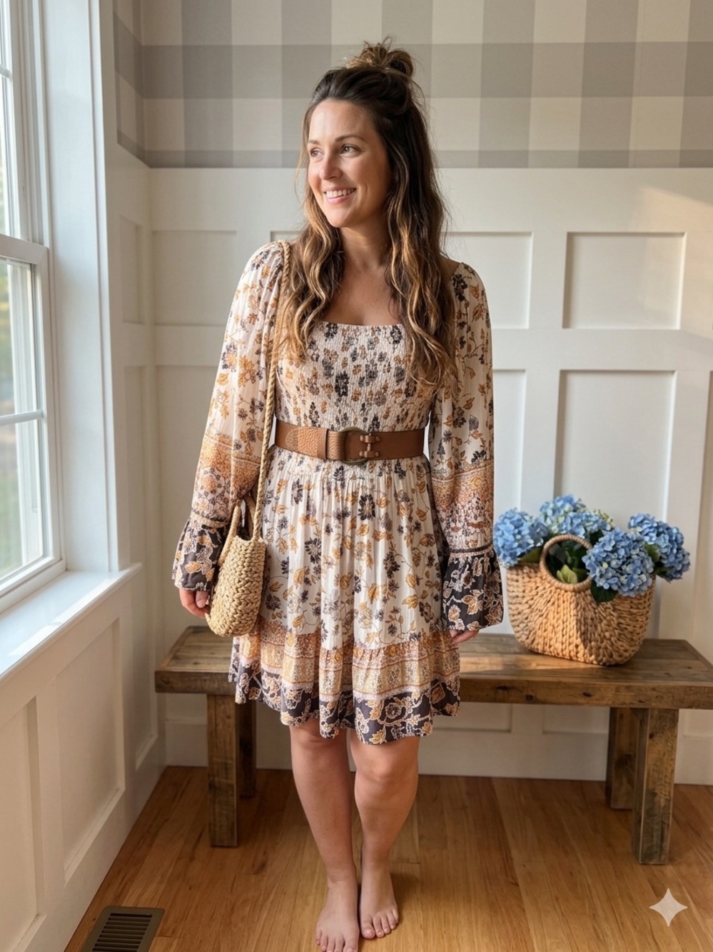 Angie Cream and Brown Floral Square-Neck Smocked Mini Dress Large